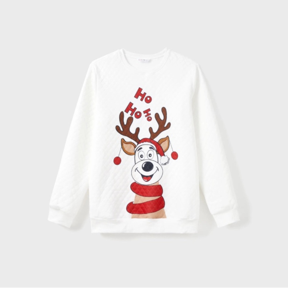 Men Reindeer Print Long-sleeve Tops White Xmas Sweatshirt, Men M